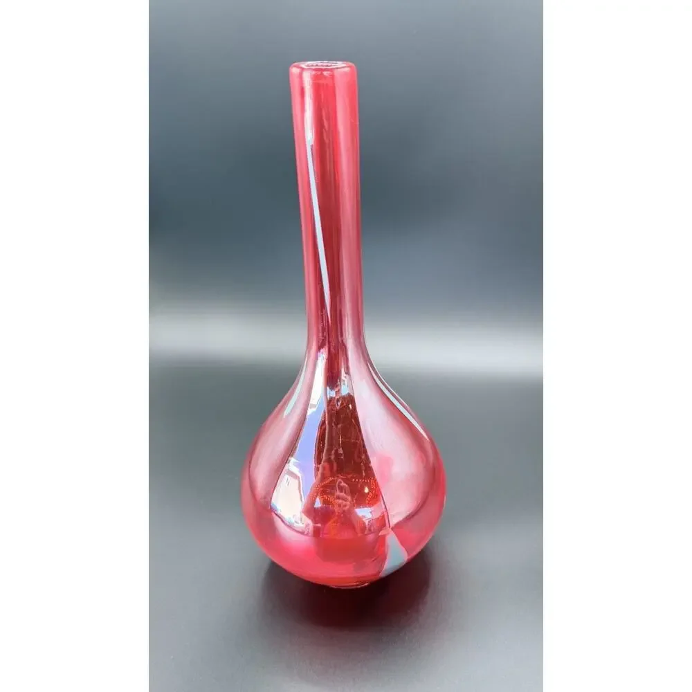 Vintage Red Swung Glass Bud Vase Applied Blue Dots MCM Art Glass 12”